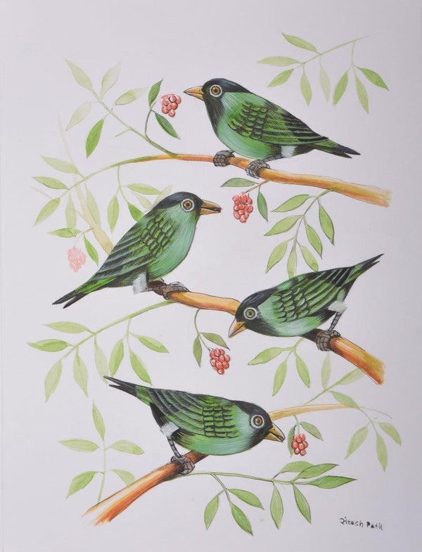 Animals postercolor painting titled 'Birds 402', 12x9 inches, by artist Santosh Patil on Paper