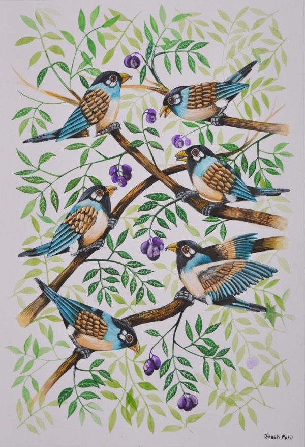 Animals postercolor painting titled 'Birds 601', 17x12 inches, by artist Santosh Patil on Paper