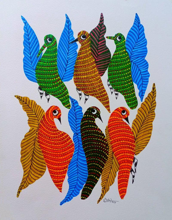 Animals gond traditional art titled 'Birds 8', 16x12 inches, by artist Choti Gond Artist on Paper