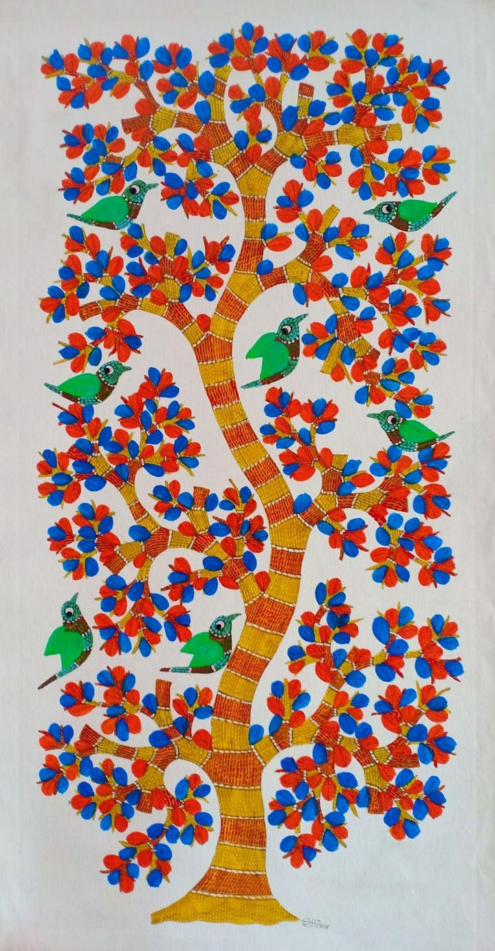 Animals gond traditional art titled 'Birds 9', 32x16 inches, by artist Choti Gond Artist on Canvas