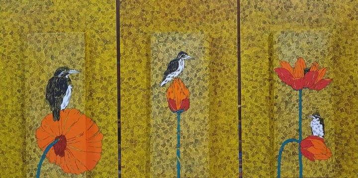 Animals acrylic painting titled 'Birds', 24x54 inches, by artist Rama Krishna V on Canvas Board