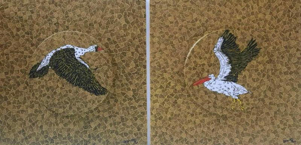 Animals acrylic pen painting titled 'Birds (Diptych)', 18x36 inches, by artist Rama Krishna V on Canvas Board