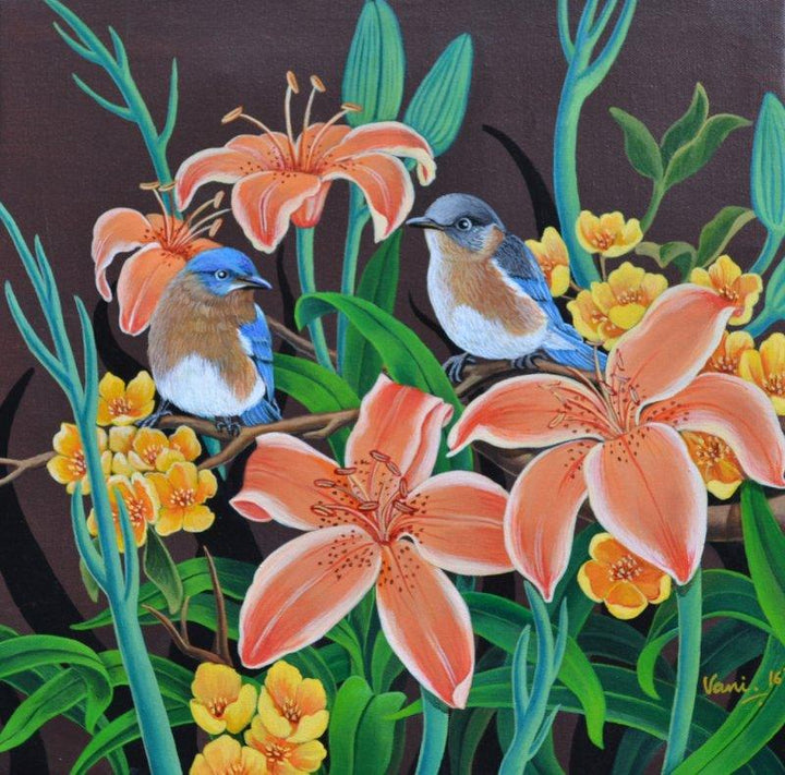 Nature acrylic painting titled 'Birds Duet 2', 16x16 inches, by artist Vani Chawla on canvas