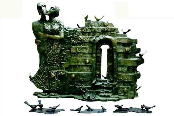 Figurative sculpture titled 'Birds Home Coming', 78x84x30 inches, by artist Asurvedh Ved on Bronze