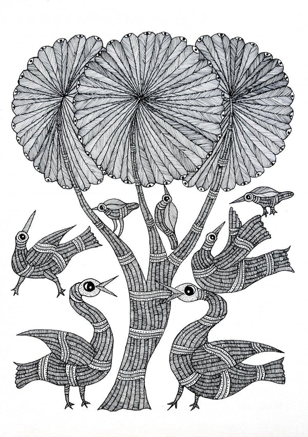 Folk Art gond traditional art titled 'Birds Of The Coconut Palm Gond Art', 14x11 inches, by artist Chitrakant Shyam on Paper