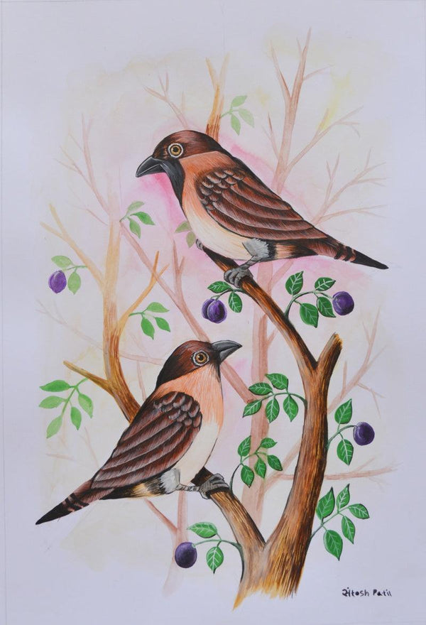 Animals postercolor painting titled 'Birds Painting 22', 13x9 inches, by artist Santosh Patil on paper