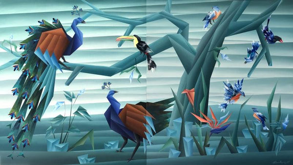 Animals acrylic painting titled 'Birds Paradise ( Diptych )', 54x96 inches, by artist Nirakar Chowdhury on Canvas