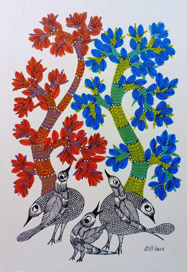 Animals gond traditional art titled 'Birds Under The Tree 1', 14x10 inches, by artist Choti Gond Artist on Paper