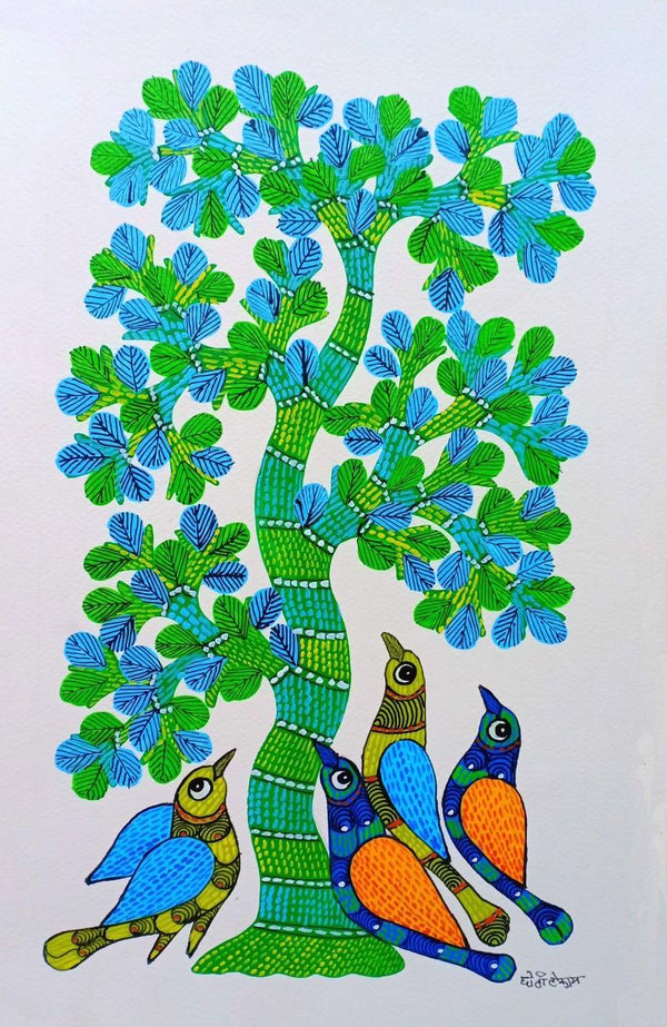 Animals gond traditional art titled 'Birds Under The Tree 2', 14x9 inches, by artist Choti Gond Artist on Paper