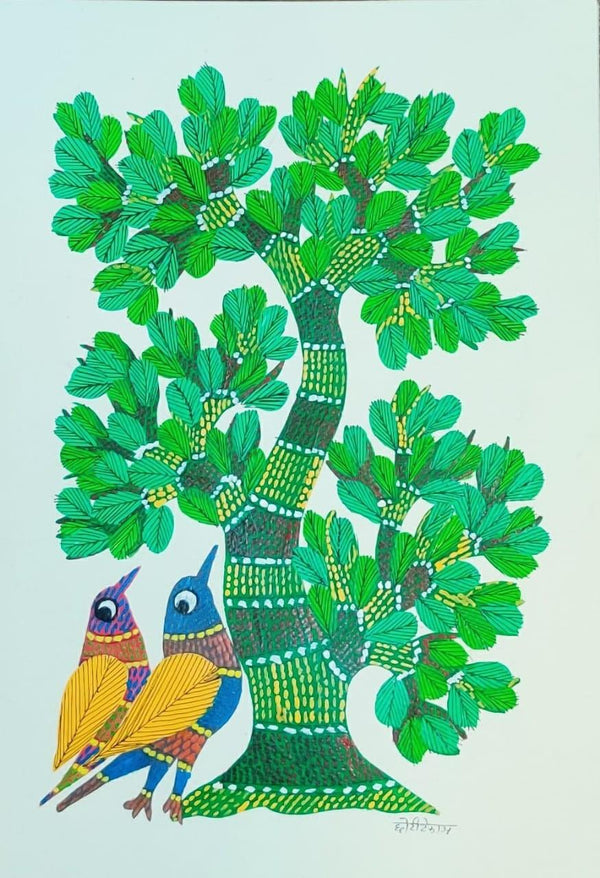 Animals gond traditional art titled 'Birds Under The Tree 3', 14x10 inches, by artist Choti Gond Artist on Paper