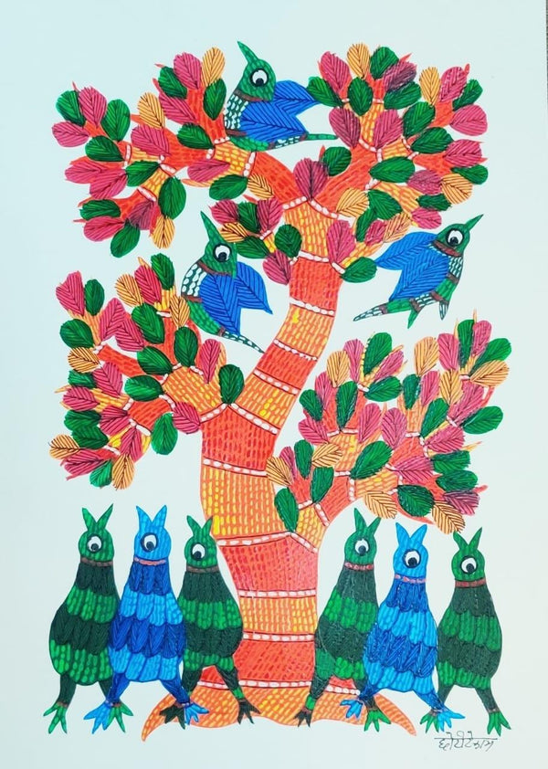 Animals gond traditional art titled 'Birds Under The Tree 4', 14x10 inches, by artist Choti Gond Artist on Paper