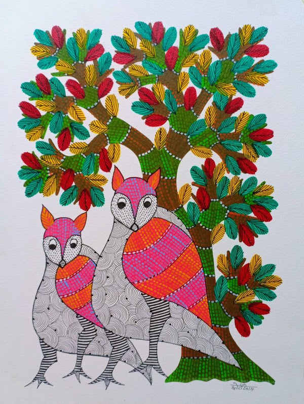 Animals gond traditional_art titled 'Birds Under The Tree 6', 16x12 inches, by artist Choti Gond Artist on Paper