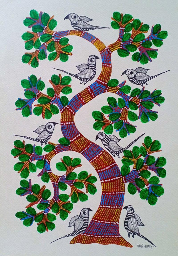 Animals gond traditional_art titled 'Birds Under The Tree', 14x10 inches, by artist Choti Gond Artist on Paper