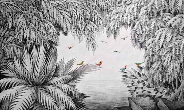 Nature ink drawing titled 'Birds Under The Tree II', 30x48 inches, by artist Umakant Kanade on Canvas