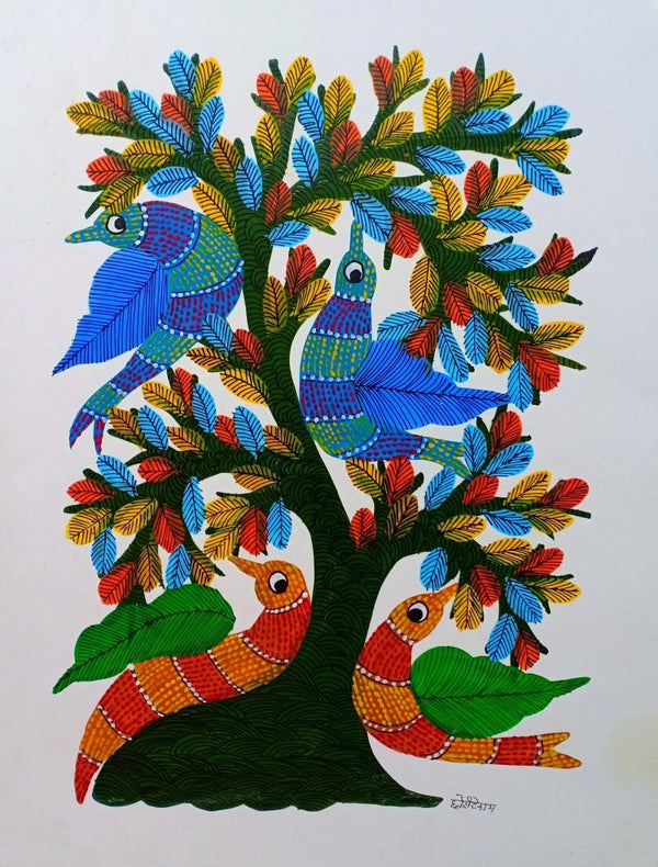 Animals gond traditional art titled 'Birds Under Tree 7', 16x12 inches, by artist Choti Gond Artist on Paper