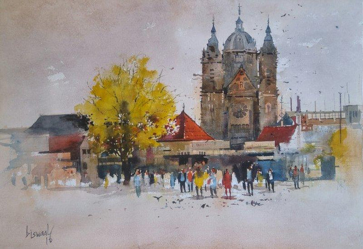 Cityscape watercolor painting titled 'Birmingham Noon', 14x20 inches, by artist Bijay Biswaal on Paper