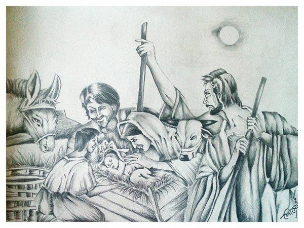 Figurative pencil drawing titled 'Birth of Jesus christ', 25x30 inches, by artist Soumen Roy on Art Paper