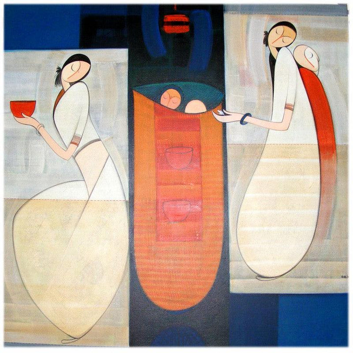 Figurative acrylic painting titled 'Birth Of Love', 48x48 inches, by artist Dattatraya Thombare on Canvas