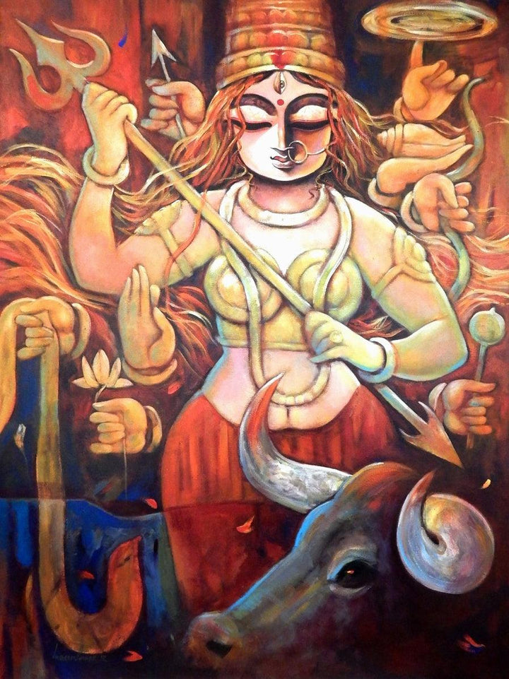 Religious acrylic painting titled 'Bishalakshi', 48x36 inches, by artist Subrata Ghosh on Canvas