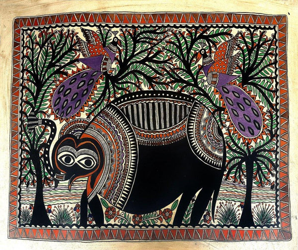 Folk Art madhubani traditional art titled 'Black Elephant', 22x30 inches, by artist Chano Devi on Handmade Paper