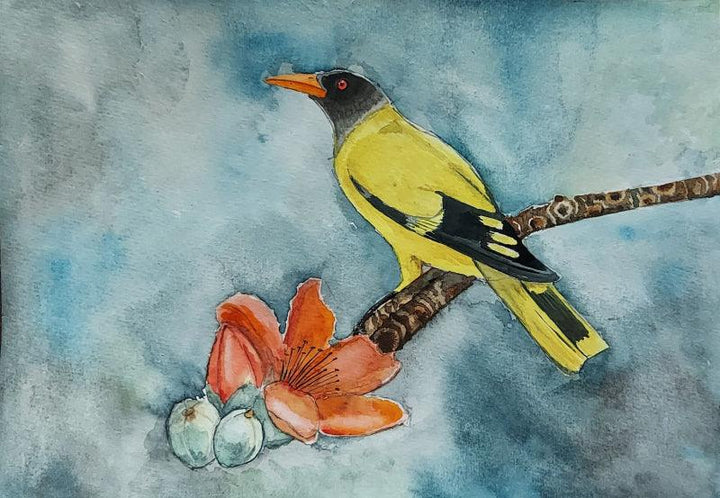 Animals watercolor painting titled 'Black Headed Oriole', 8x12 inches, by artist Yashodan Heblekar on Paper