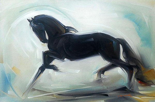 Animals oil painting titled 'Black Horse', 12x18 inches, by artist D Tiroumale on Canvas