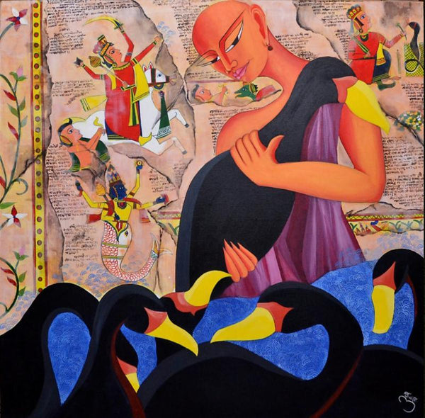 Figurative acrylic painting titled 'Black Swans', 36x36 inches, by artist Deepali Mundra on Canvas