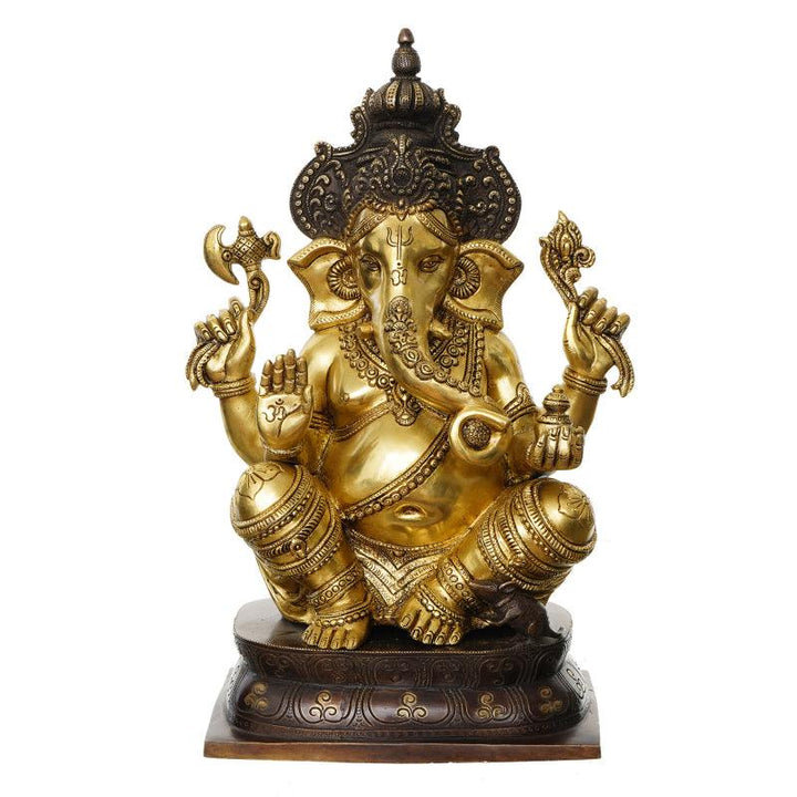 Religious handicraft titled 'Blessing Lord Ganesha With Mukhut', 16x11x6 inches, by artist Brass Handicrafts on Brass