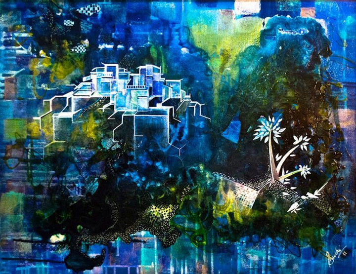 Abstract mixed media painting titled 'Blissful Blues', 24x30 inches, by artist Shuchi Khanna on Canvas