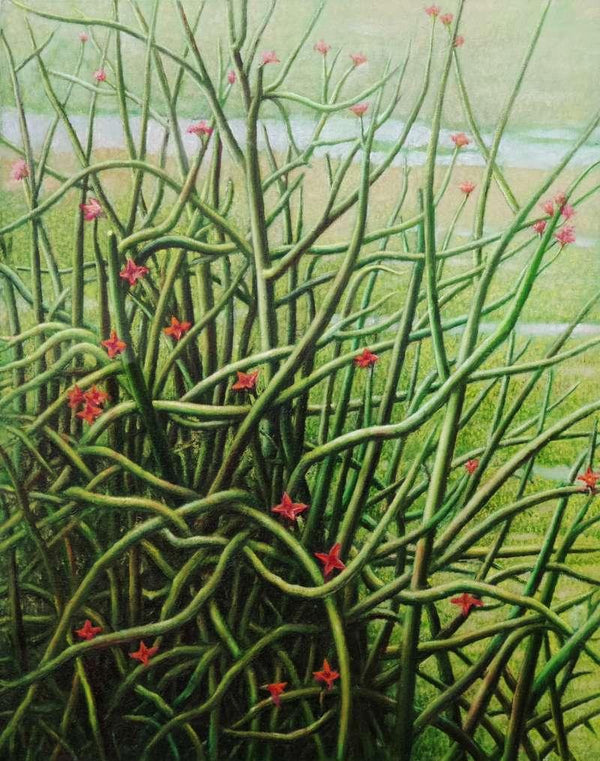 Nature oil painting titled 'Blooming Cactus', 30x24 inches, by artist Arabinda Mukherjee on Canvas