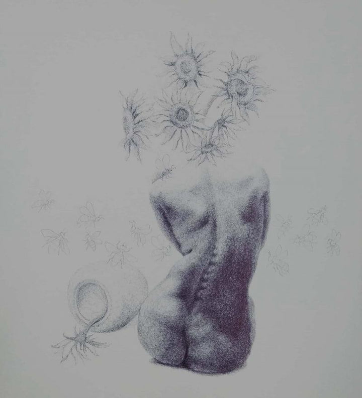 Nude pen drawing titled 'Blosom 5', 26x20 inches, by artist Mansi Sagar on Paper