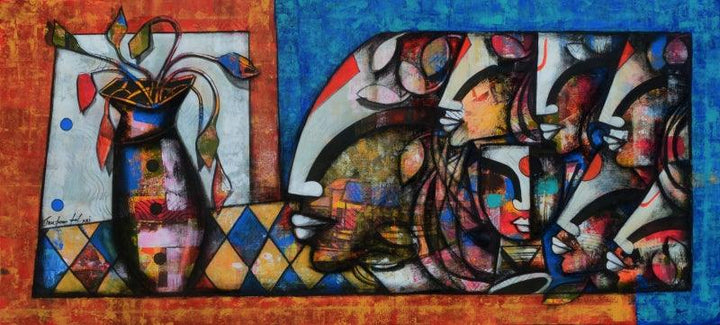 contemporary mixed media painting titled 'Blossoming Mind 13', 30x66 inches, by artist Anupam Pal on canvas