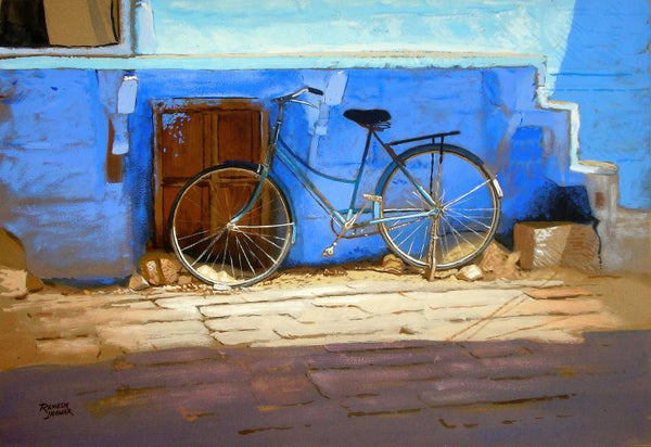 Realistic watercolor painting titled 'Blue Bicycle', 20x15 inches, by artist Ramesh Jhawar on Paper