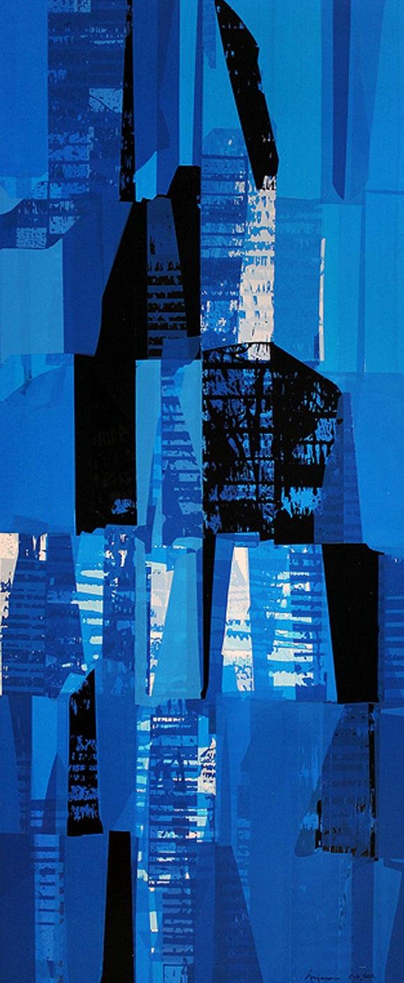 Abstract mixed media painting titled 'Blue Black', 40x17 inches, by artist Gajanan Kabade on Synthic Board