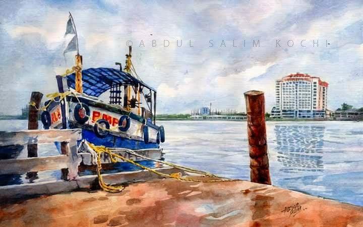 Seascape watercolor painting titled 'Blue Boat', 10x16 inches, by artist Abdul Salim on Paper