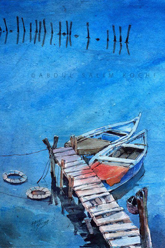 Seascape watercolor painting titled 'Blue Boats', 12x9 inches, by artist Abdul Salim on Paper