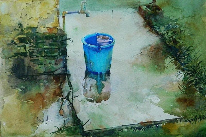 Still-life watercolor painting titled 'Blue Bucket', 15x22 inches, by artist Bijay Biswaal on Canson Paper