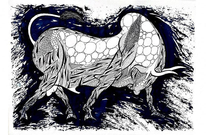 Animals pen ink drawing titled 'Blue Bull Series 10', 13x19 inches, by artist Rashid Ahamad on Paper