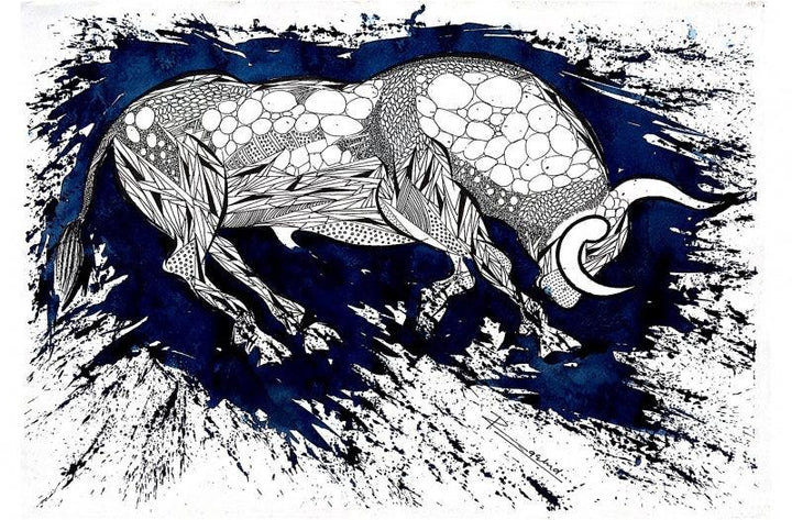 Animals pen ink drawing titled 'Blue Bull Series 2', 13x19 inches, by artist Rashid Ahamad on Paper