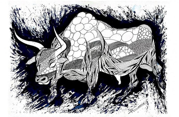 Animals pen ink drawing titled 'Blue Bull Series 3', 13x19 inches, by artist Rashid Ahamad on Paper