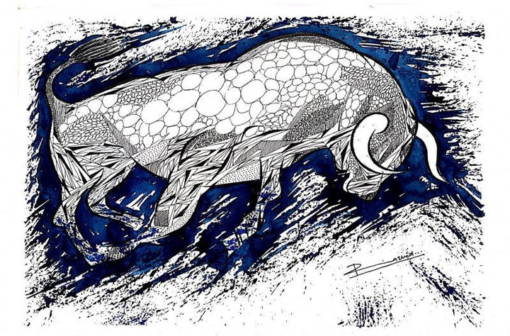 Animals pen ink drawing titled 'Blue Bull Series 4', 13x19 inches, by artist Rashid Ahamad on Paper