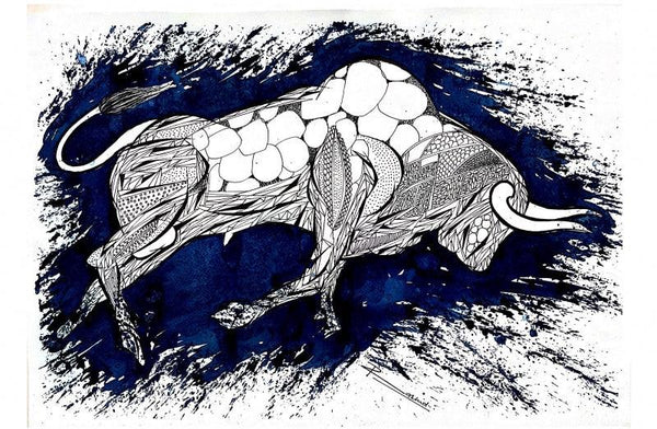 Animals pen ink drawing titled 'Blue Bull Series 6', 13x19 inches, by artist Rashid Ahamad on Paper