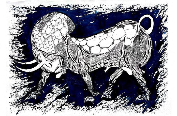 Animals pen ink drawing titled 'Blue Bull Series 7', 13x19 inches, by artist Rashid Ahamad on Paper