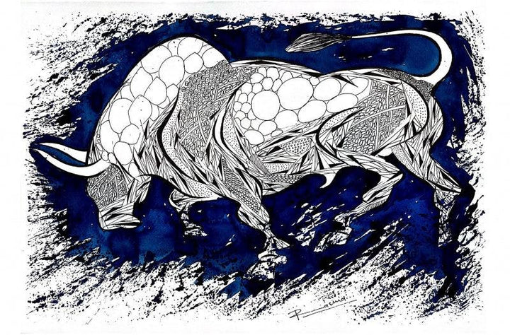 Animals pen ink drawing titled 'Blue Bull Series 9', 13x19 inches, by artist Rashid Ahamad on Paper