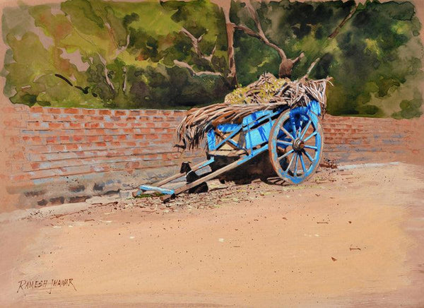 Landscape gouache painting titled 'Blue Cart', 10x14 inches, by artist Ramesh Jhawar on Toned paper