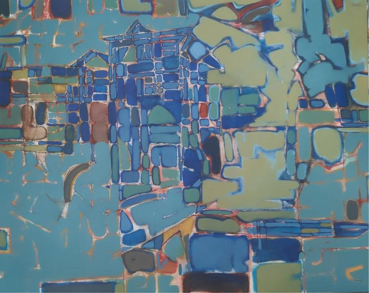 Abstract acrylic painting titled 'Blue City', 48x60 inches, by artist Sameer Dixit on Canvas