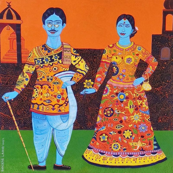 Figurative acrylic painting titled 'Blue Couple', 24x24 inches, by artist Bhaskar Lahiri on Canvas