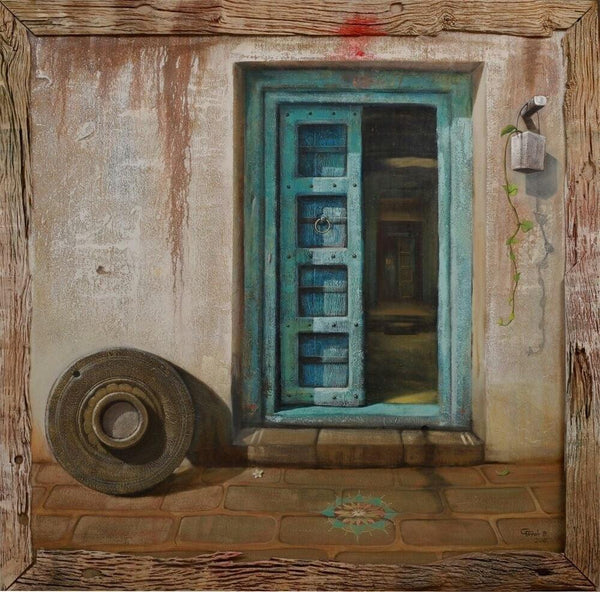 Cityscape acrylic painting titled 'Blue Door 2', 60x60 inches, by artist Gopal Pardeshi on Canvas