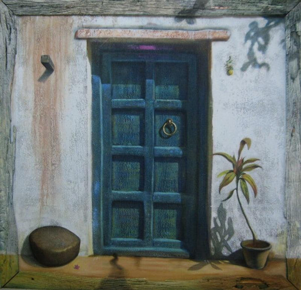 Cityscape acrylic painting titled 'Blue Door', 60x60 inches, by artist Gopal Pardeshi on Canvas