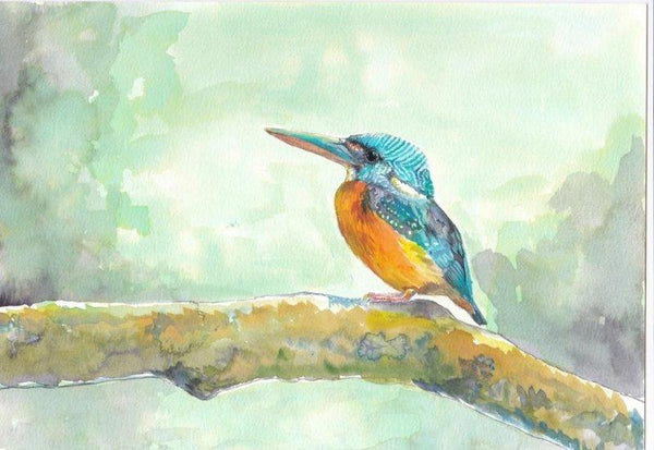 Animals watercolor painting titled 'Blue Eared Kingfisher', 12x8 inches, by artist Yashodan Heblekar on Paper